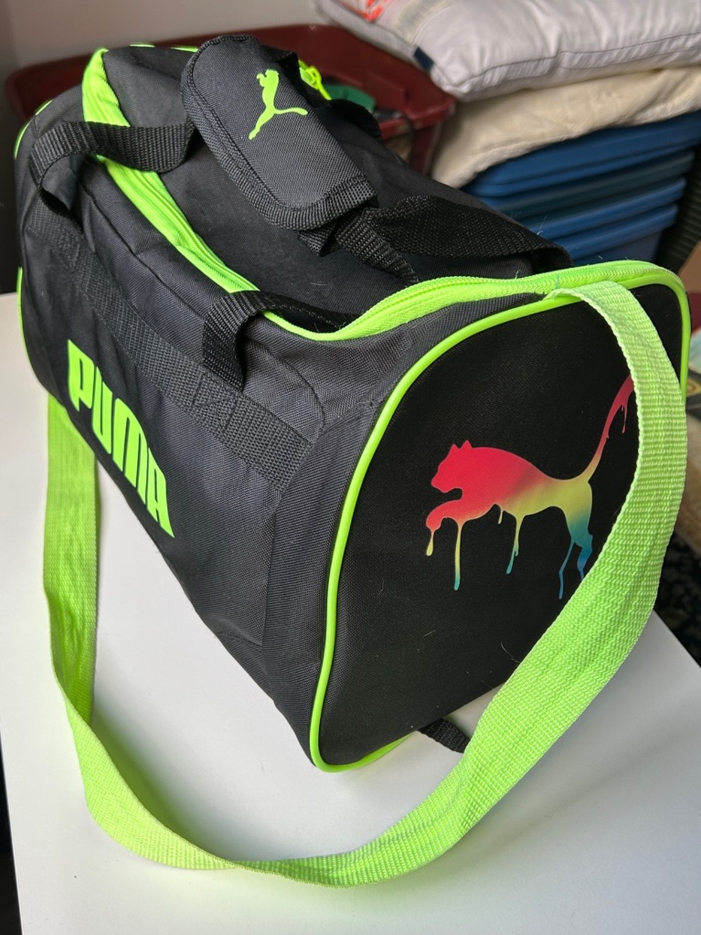 Puma Black Mini Duffel with Neon Green Trim and Rainbow Drip Puma
